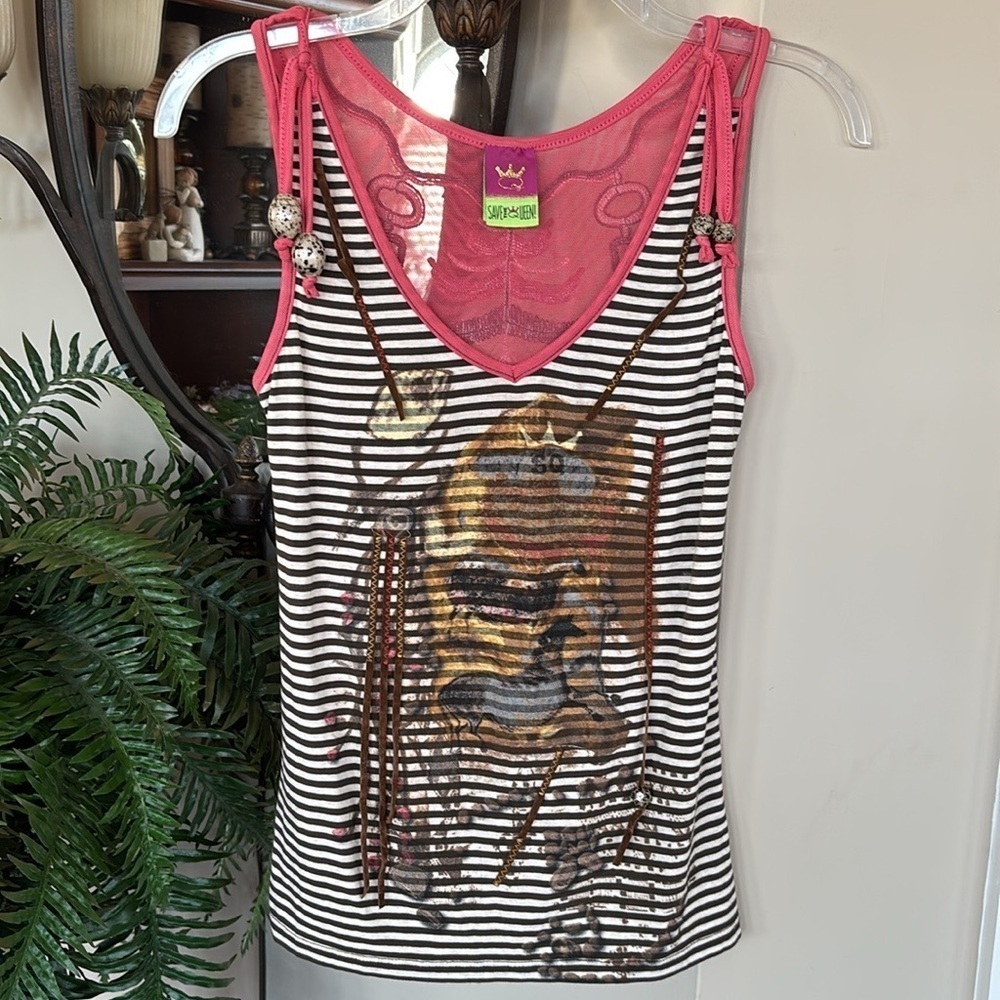 Save The Queen! V-Neck Tank Top Striped Embroidered Horse Beaded Mesh Back Italy - Picture 14 of 14